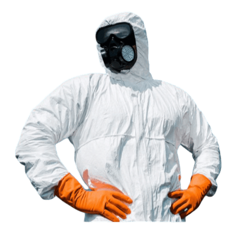 Fumigador con equipo de protección y guantes de trabajo.